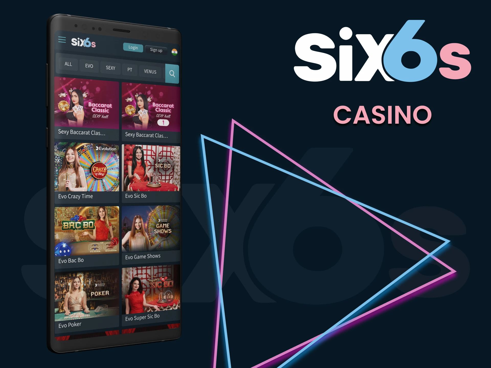 Play at the casino through the Six6s app.