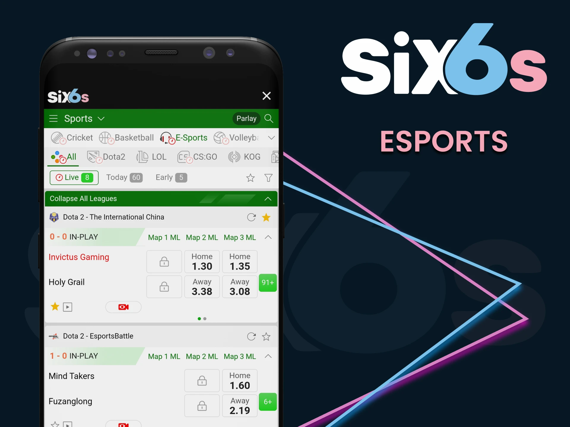 Bet on esports with the Six6s app.