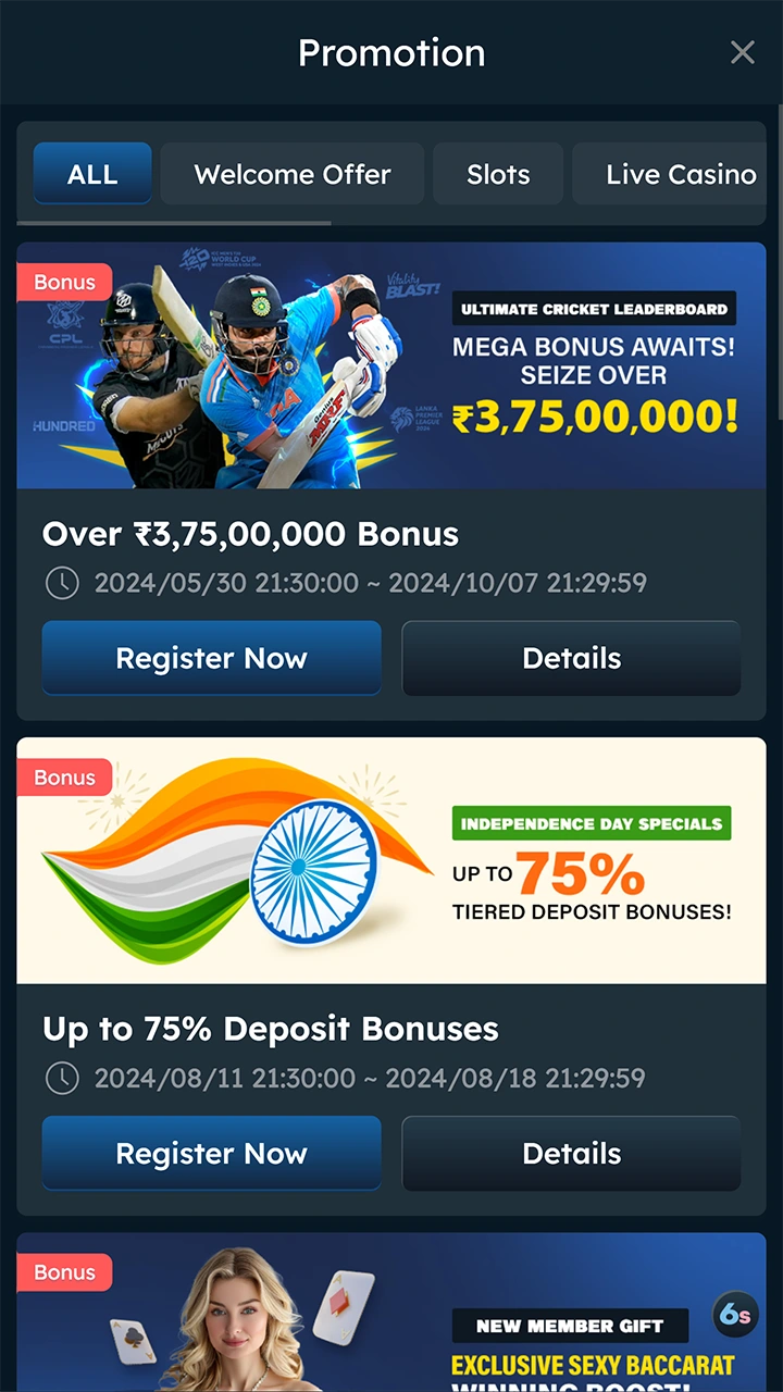 Bonuses and promotions at Six6s platform.